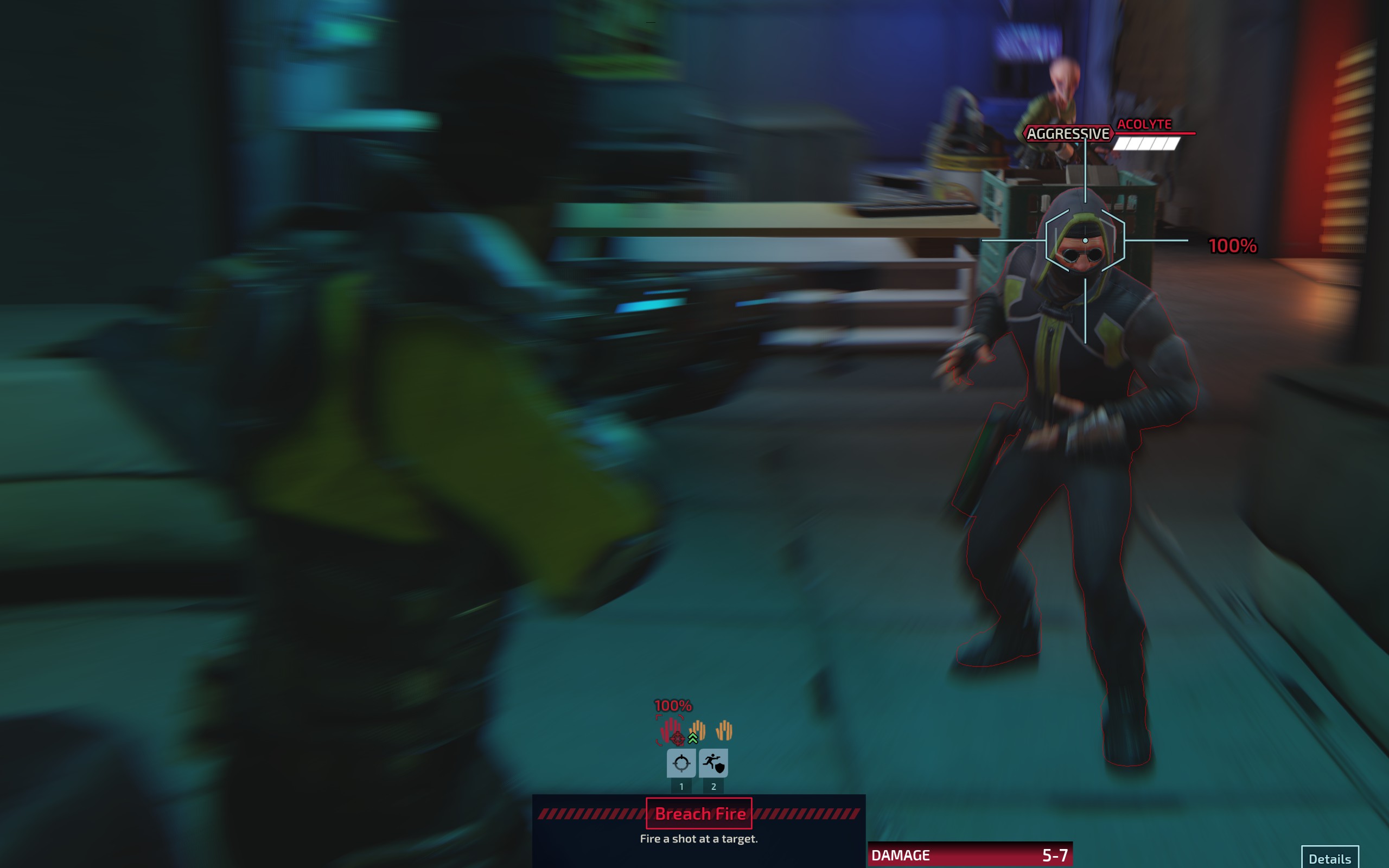 Lining up a shot on an aggressive acolyte during a slow-motion breach turn