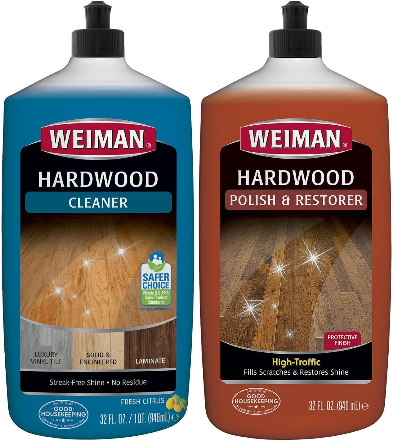 Weiman Hardwood Floor Cleaner and Polish - Restorer Combo - Wood Floor Cleaner - 2 Pack