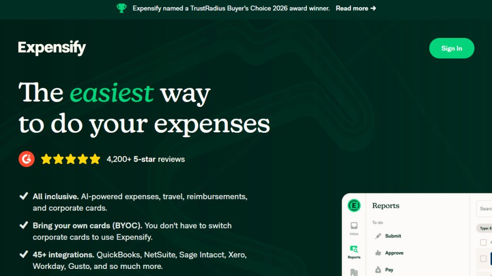 Expensify website screenshot (February 2026).