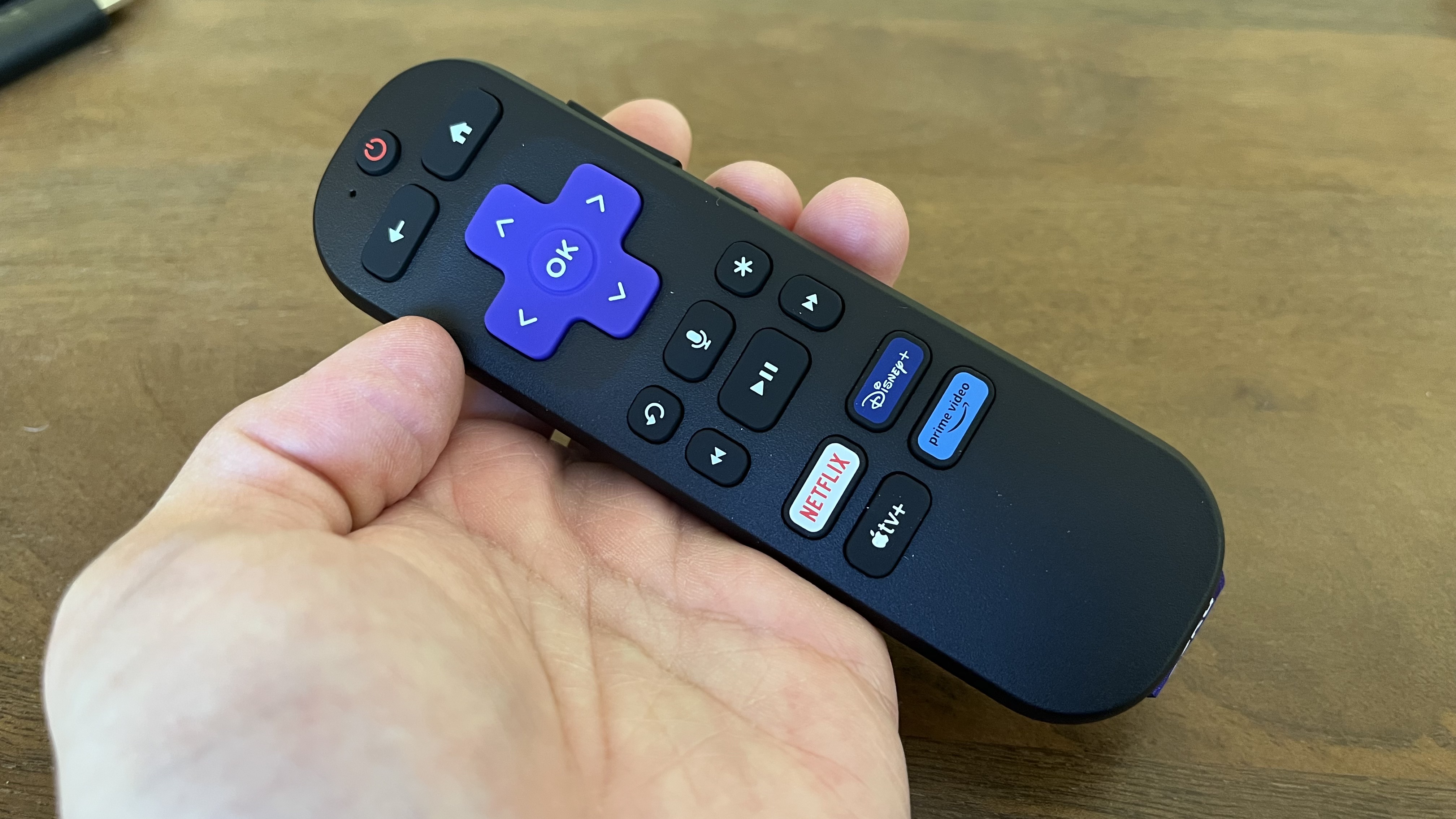 Roku Streaming Stick Plus remote control held in hand