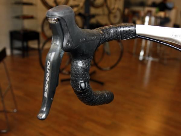 This Rob English bike is fitted with Shimano's new Dura-Ace Di2 sprint shifters.