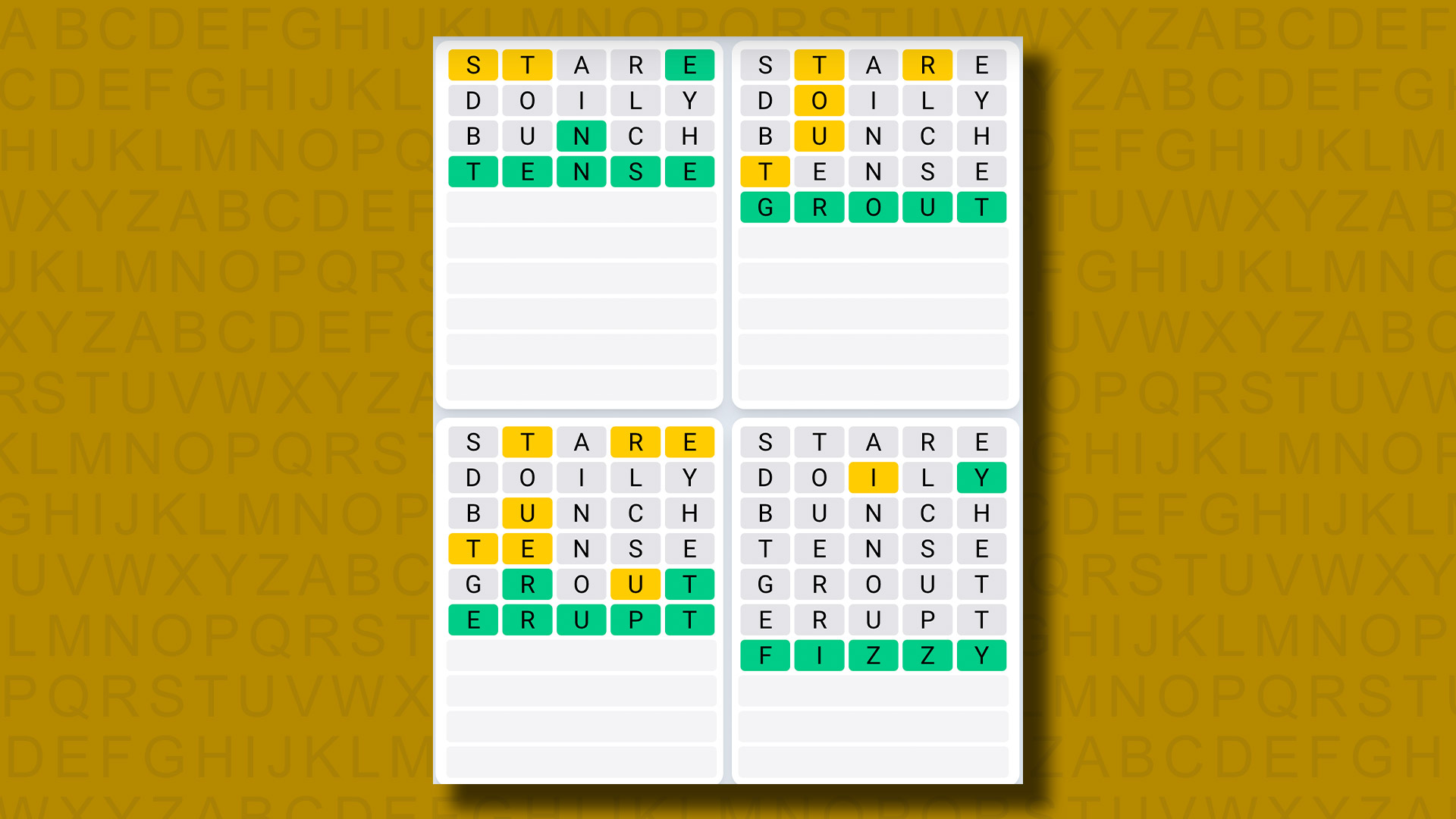 Respuestas de la secuencia diaria de Quordle para el juego 864 sobre un fondo amarillo