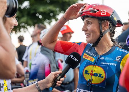 GENEVA, SWITZERLAND - AUGUST 2: Lucinda Brand of Netherlands and LIDL - TREK on an interview after the 5th Tour de France Femmes 2026, Stage 2 a 147.9km stage from Aigle to Geneva / #UCIWT / August 2, 2026 in Geneva, Switzerland. (Photo by Silvina Brodersohn - CameraSport via Getty Images).