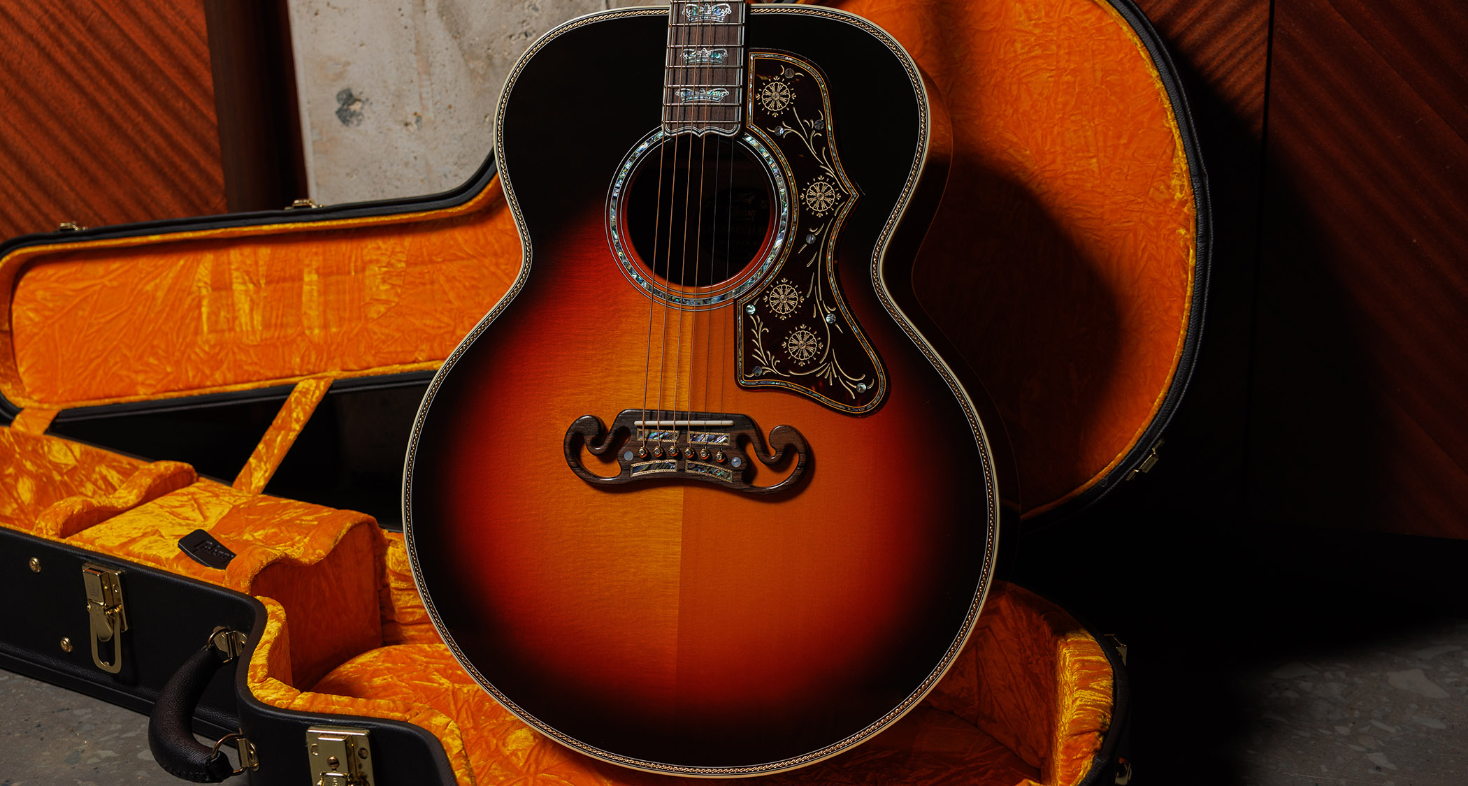 Gibson Custom SJ-200 Monarch #100: this stunning one-of-one jumbo is replete with all kinds of rococo flourishes, from the diamond and gold crown inlay on the headstock, to the 14k gold rope binding, Gibson calls it the "ultimate custom" acoustic and not without some justification.
