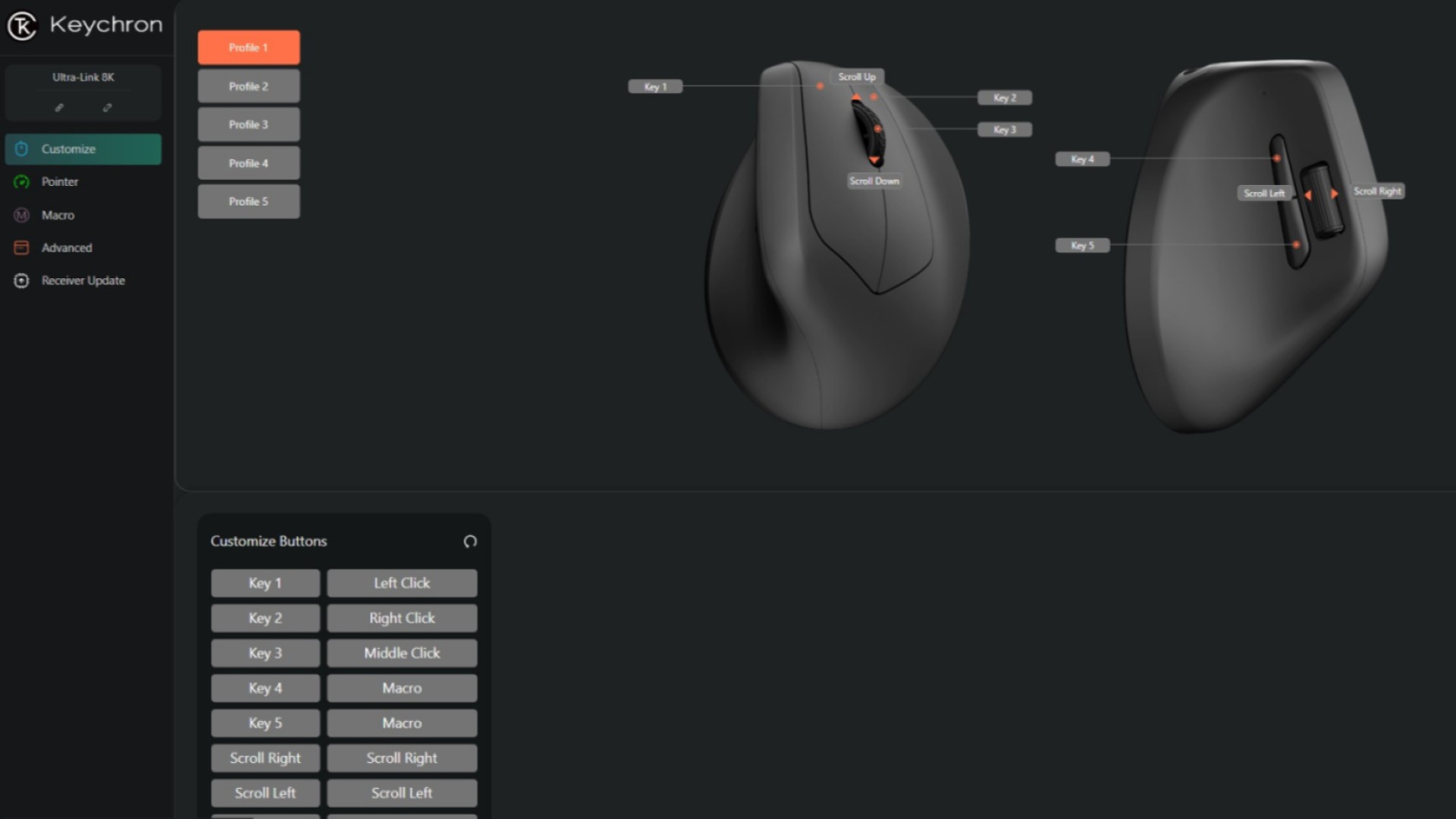 Screenshot of Keychron Launcher software with M5 gaming mouse customization options