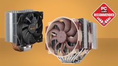 Be Quiet and Noctua CPU air coolers on an orange background with the PC Gamer Recommends badge in the upper right hand side.