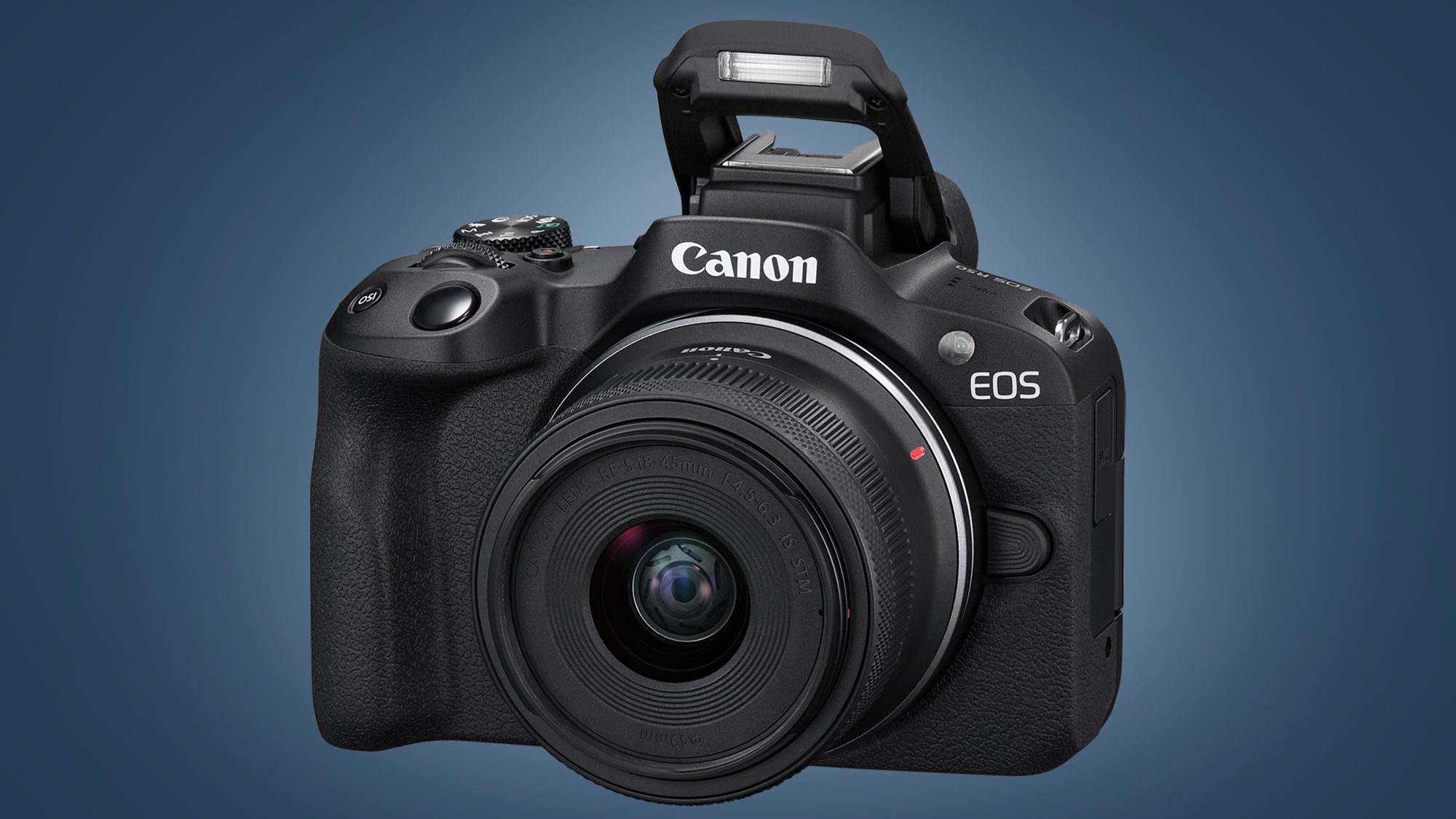 The Canon EOS R50 on a blue background
