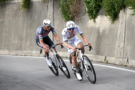 SANREMO, ITALY - MARCH 22: (L-R) Mathieu Van Der Poel of Netherlands and Team Alpecin &ndash; Deceuninck and Tadej Pogacar of Slovenia and Team UAE Team Emirates compete in the breakaway during the 116th Milano-Sanremo 2025 a 289km one day race from Pavia to Sanremo / #UCIWT / on March 22, 2025 in Sanremo, Italy. (Photo by Dario Belingheri/Getty Images)