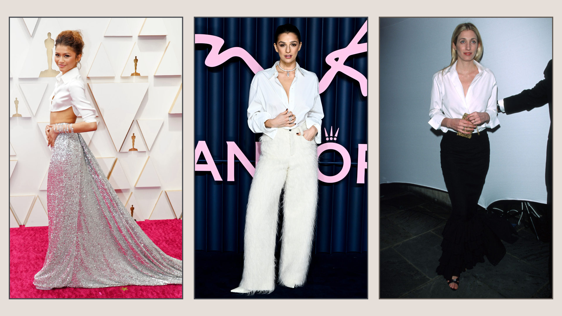 A collage of white shirts on the red carpet on Zendaya, Marisa Abela at the 2025 Fashion Awards and Carolyn Basette-Kennedy.
