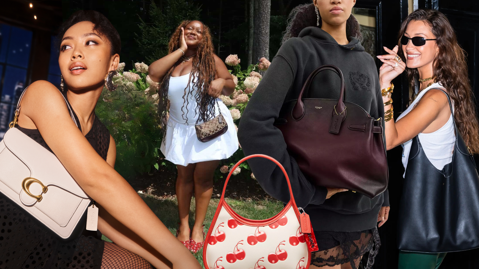 a collage of the best coach bags, including Bella Hadid carrying a black Brooklyn bag, Ashlyn Delaney caring a brown logo Coach bag, and a model with the Empire bag