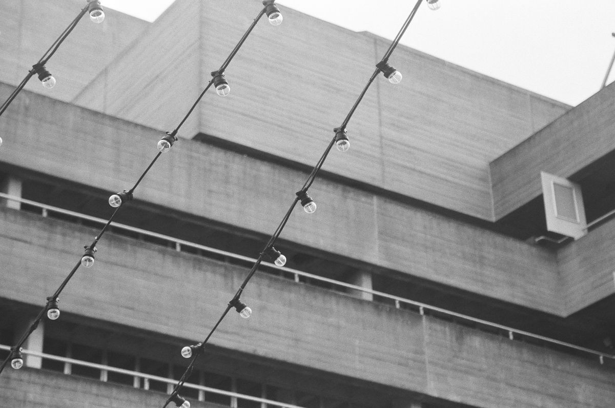 Sample image of Kentmere Pan 200 showing architectural detail of London's National Theatre