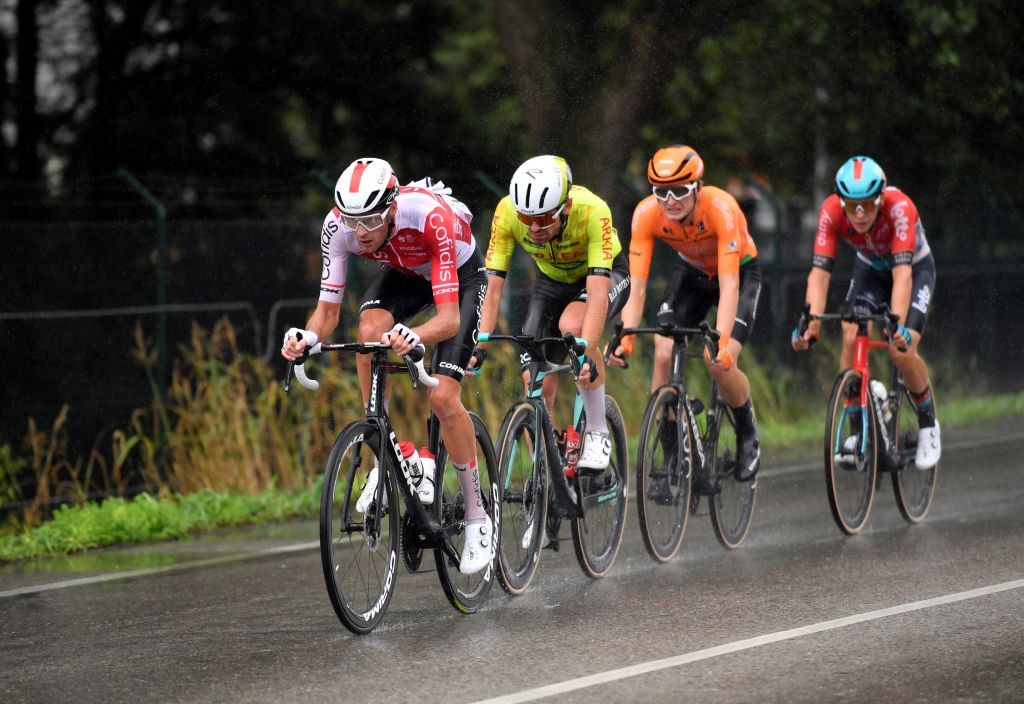 (From L) Team Cofidis' French rider Thomas Champion, Team Arkea-B&amp;B Hotels' French rider Thibault Guernalec, Team Euskaltel-Euskadi's Spanish rider Xabier Isasa and Team Lotto's Danish rider Jonas Gregaard compete during the stage 17 of the Vuelta a Espana, a 141,5 km race between Arnuero and Santander, on September 4, 2024. (Photo by ANDER GILLENEA / AFP)