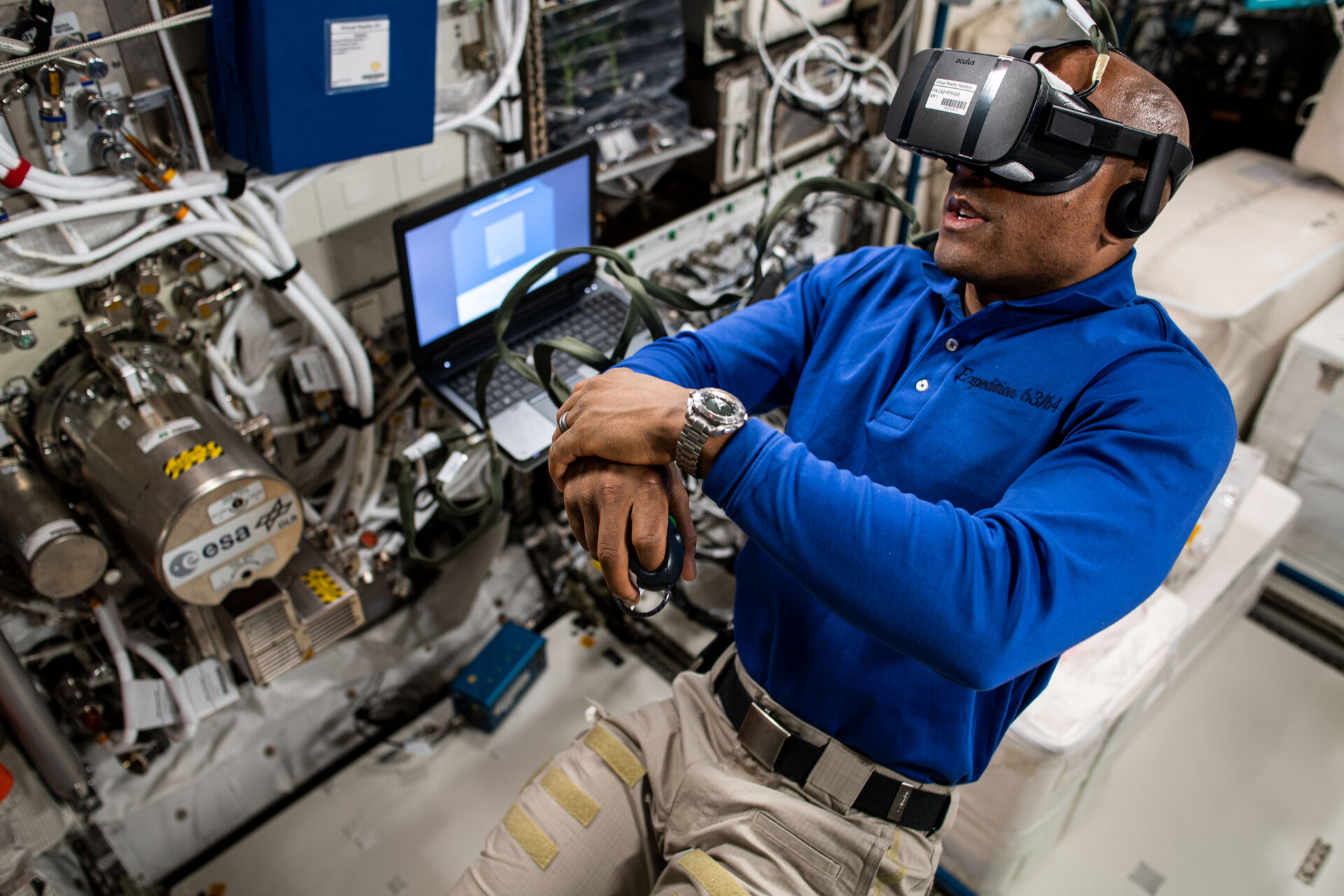 NASA astronaut Victor Glover tests out the European Space Agency's Time experiment in this image, snapped aboard the International Space Station where Glover is currently staying. The experiment uses virtual reality technology to see how being in space changes an astronaut's perception of time.