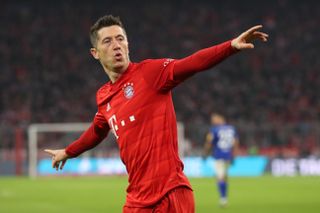 Robert Lewandowski celebrates a goal for Bayern Munich against Schalke in January 2020.