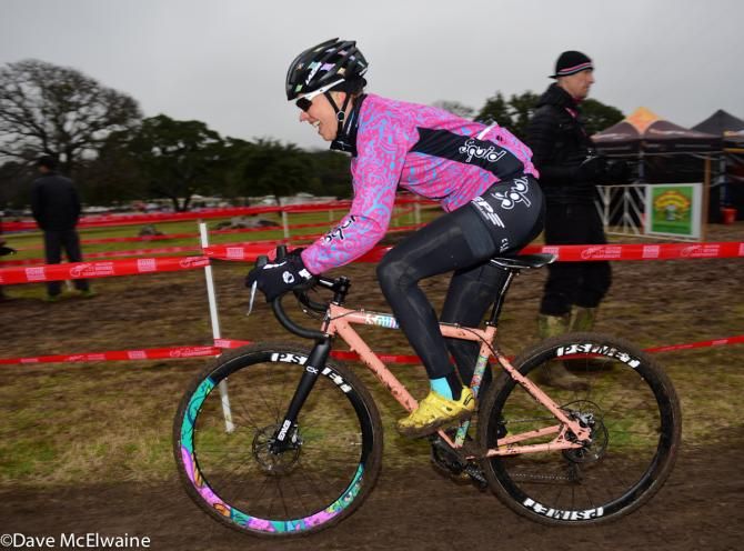 Emily Kachorek (Squid Bikes) warming up on her colorful bike
