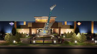 An artist render of a 62-foot replica of Rick Nielsen's Checkerboard Hamer Standard outside the Hard Rock Casino in Rockford