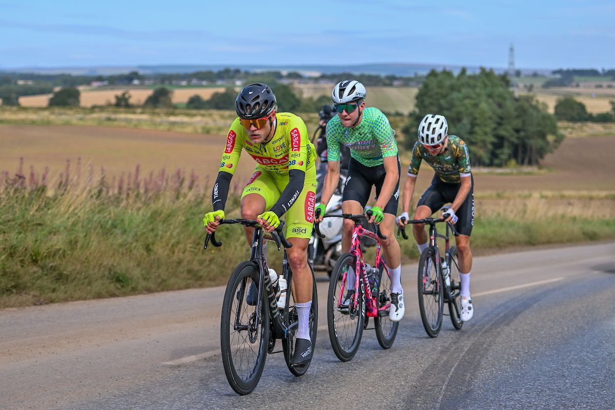 Picture by Will Palmer/SWpix.com - 03/09/2024 - Lloyds Bank Tour of Britain 2024 - Stage 1: The Scottish Borders Stage, Kelso to Kelso, Scotland - Callum Ormiston (Global 6 United), Callum Thornley (TRINITY Racing), Julius Johansen (Sabgal / Anicolor) in the breakaway