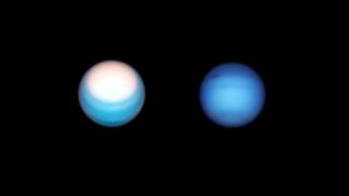 Hubble Space Telescope images of Uranus (left) and Neptune showing their different blue colors.