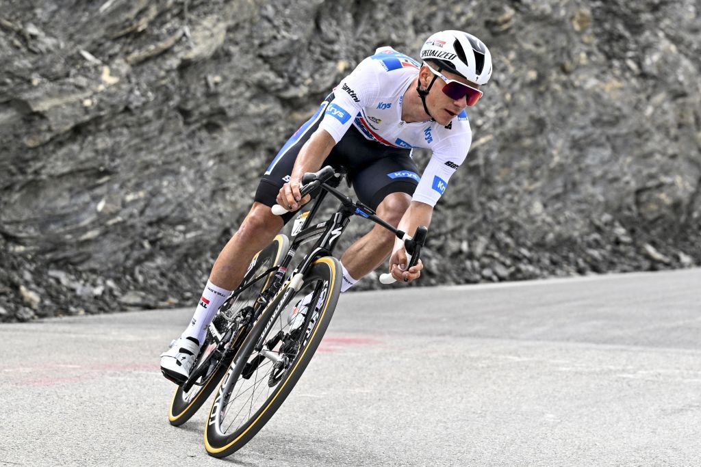 Belgian Remco Evenepoel of Soudal Quick-Step pictured in action during stage 4 of the 2024 Tour de France cycling race, from Pinerolo, Italy to Valloire, France (139,6 km) on Tuesday 02 July 2024. The 111th edition of the Tour de France starts on Saturday 29 June and will finish in Nice, France on 21 July. BELGA PHOTO JASPER JACOBS (Photo by JASPER JACOBS / BELGA MAG / Belga via AFP)