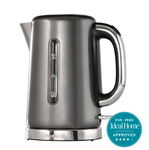 A silver grey ProCook kettle on a white background