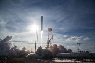 A Northrop Grumman Antares rocket launches the uncrewed Cygnus NG-13 cargo ship to the International Space Station from NASA's Wallops Flight Facility on Feb. 15, 2020.