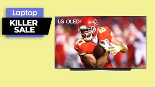 LG C2 OLED TV with football player holding a football 