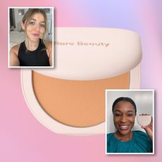 a collage of beauty editor Samantha Holender, beauty director Deena Campbell, and a compact of Rare Beauty's tinted finishing powder in front of a colorful backdrop