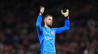 David de Gea of Manchester United celebrates at full-time of the FA Cup quarter-final match between Manchester United and Fulham at Old Trafford on March 19, 2023 in Manchester, United Kingdom.