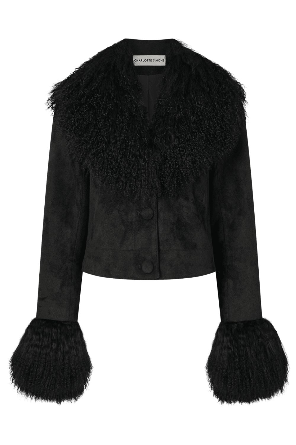 Charlotte Simone Cropped Penny Black Mongolian Trim Jacket