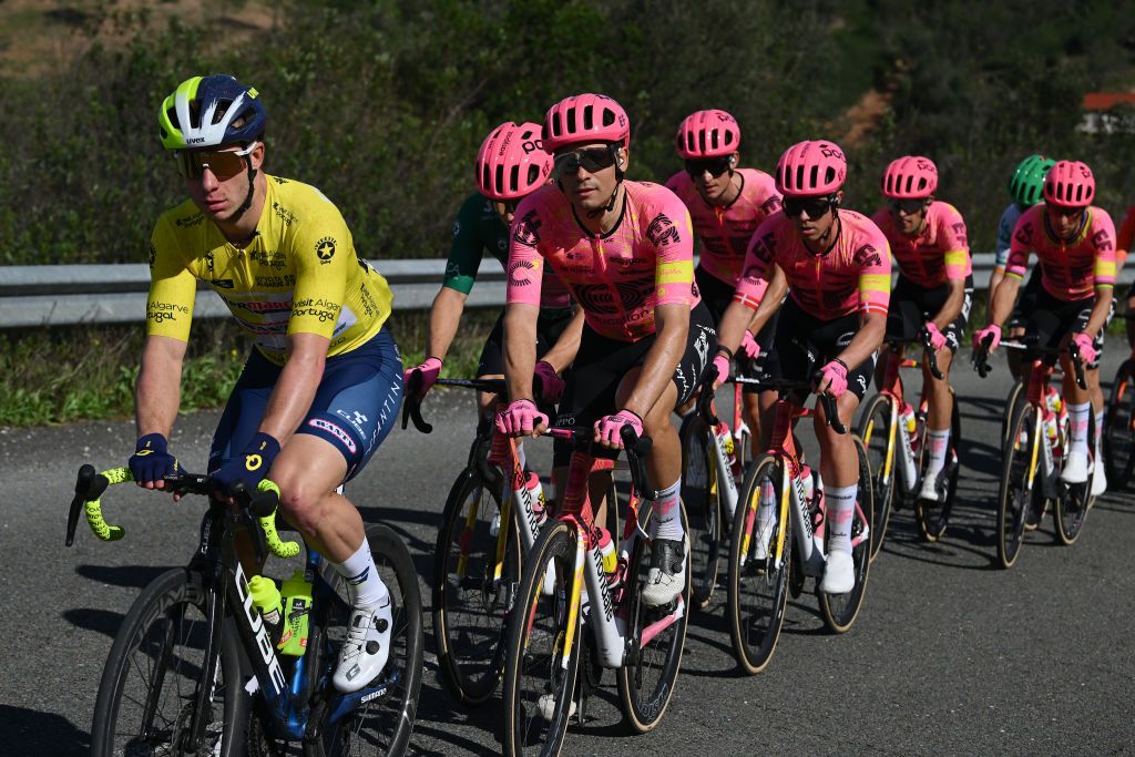 ALTODAFOIA PORTUGAL FEBRUARY 15 LR Gerben Thijssen of Belgium and Team Intermarche Wanty Yellow leader jersey Stefan Bissegger of Switzerland and Michael Valgren of Denmark and Team EF Education EasyPost compete during the 50th Volta ao Algarve em Bicicleta 2024 Stage 2 a 1719km stage from Lagoa to Alto da Foia 888m on February 15 2024 in Alto da Foia Portugal Photo by Dario BelingheriGetty Images