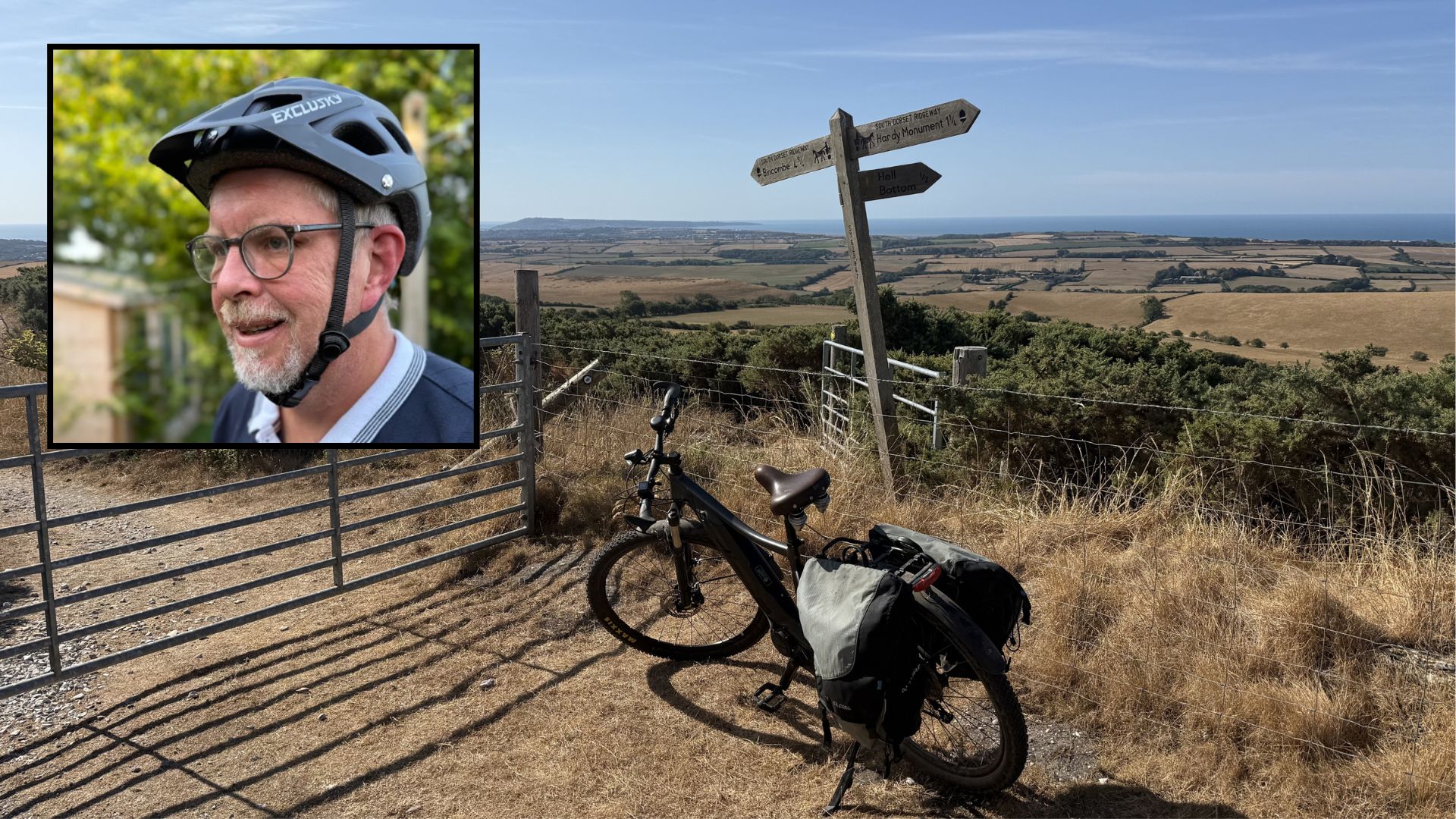 Richard's ebike on the Ridgeway trail with inset of Richard himself in helmet