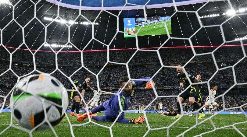 Jamal Musiala scores for Germany against Scotland in the opening game of Euro 2024.