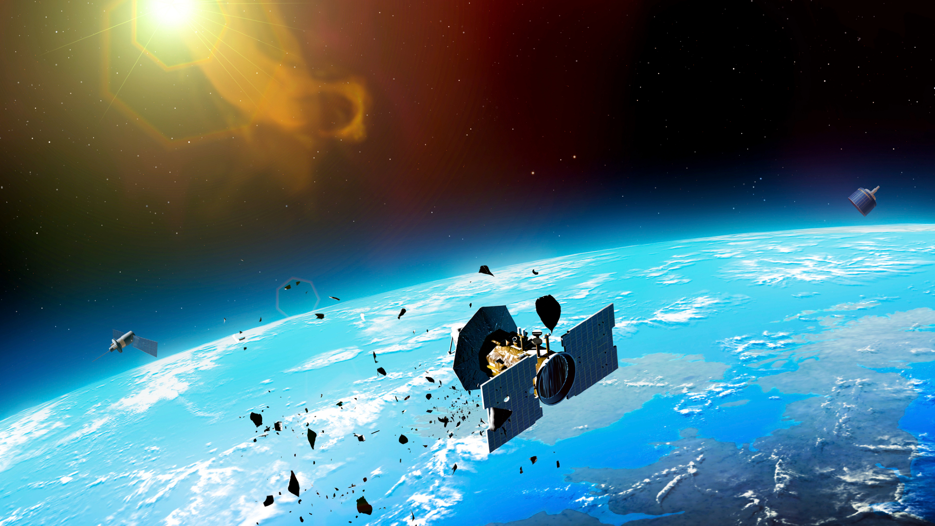 An illustration showing a metal satellite floating above Earth with metal debris strewn about it in space with the sun at the top of the image