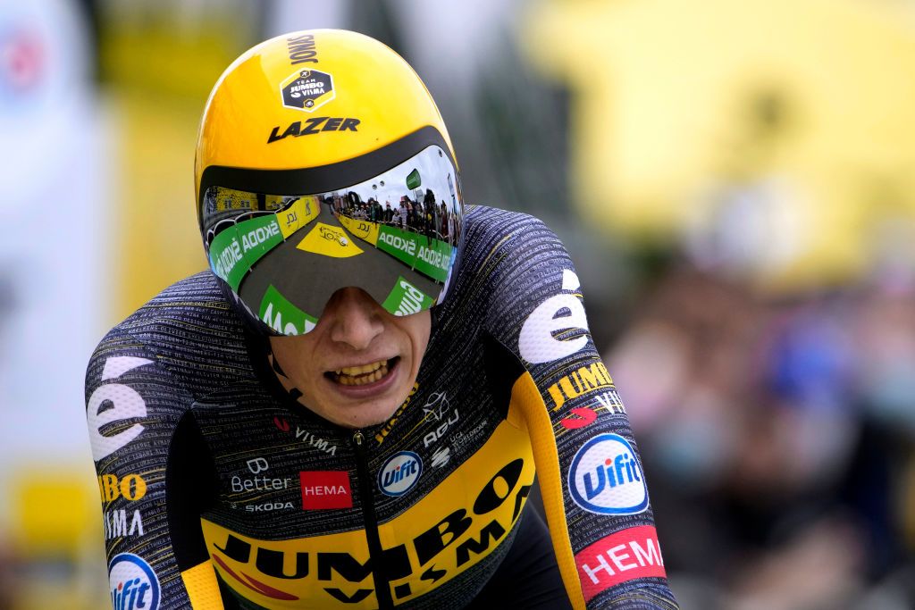 LAVAL ESPACE MAYENNE FRANCE JUNE 30 Jonas Vingegaard of Denmark and Team JumboVisma at arrival during the 108th Tour de France 2021 Stage 5 a 272km Individual Time Trial stage from Chang to Laval Espace Mayenne 90m ITT LeTour TDF2021 on June 30 2021 in Laval Espace Mayenne France Photo by Christophe Ena PoolGetty Images