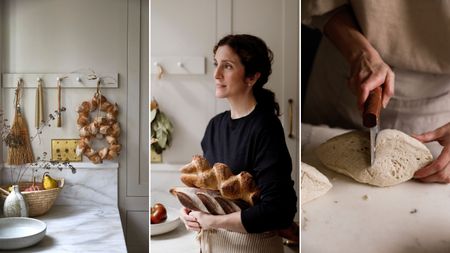 A kitchen with a bread wreath hanging up, baker, Aran Goyoaga holding loaves of bread and someone cutting dough