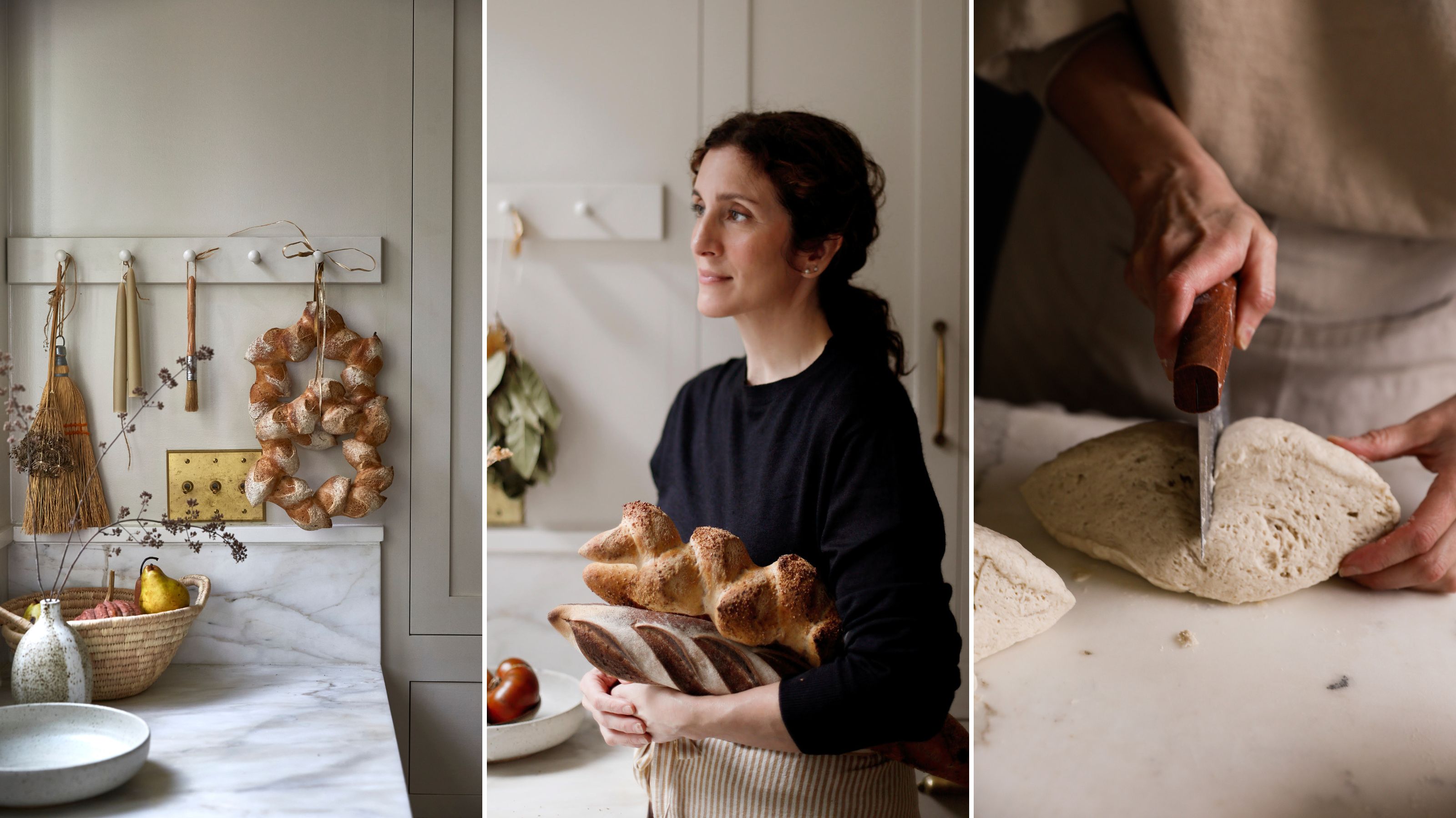 A kitchen with a bread wreath hanging up, baker, Aran Goyoaga holding loaves of bread and someone cutting dough