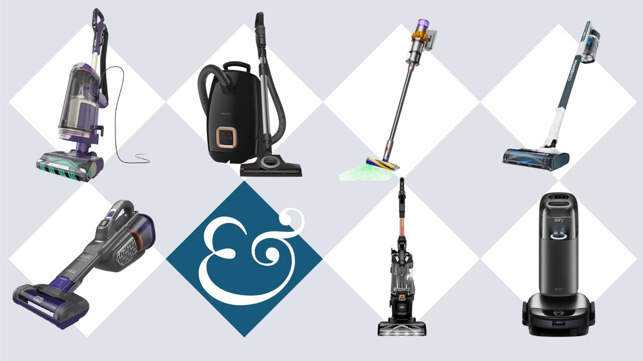 Shark, Miele, Dyson, Black+Decker, Bissell and eufy vacuum cleaners on tile background with Homes &amp; Gardens &#039;&amp;&#039; logo.