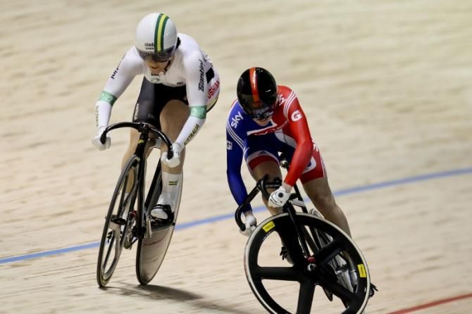 Victoria Pendleton (Great Britain) about to crash in her sprint final against Anna Meares