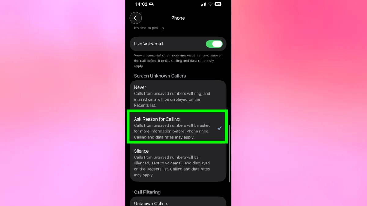 Ask reason for calling enabled on iPhone
