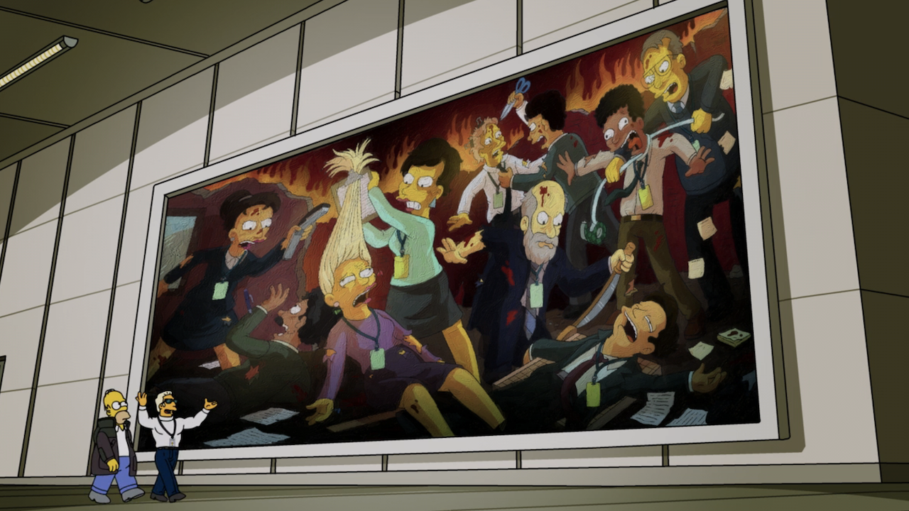 Homer and Duffman walking past violent portrait in The Simpsons "Seperance" Severance spoof