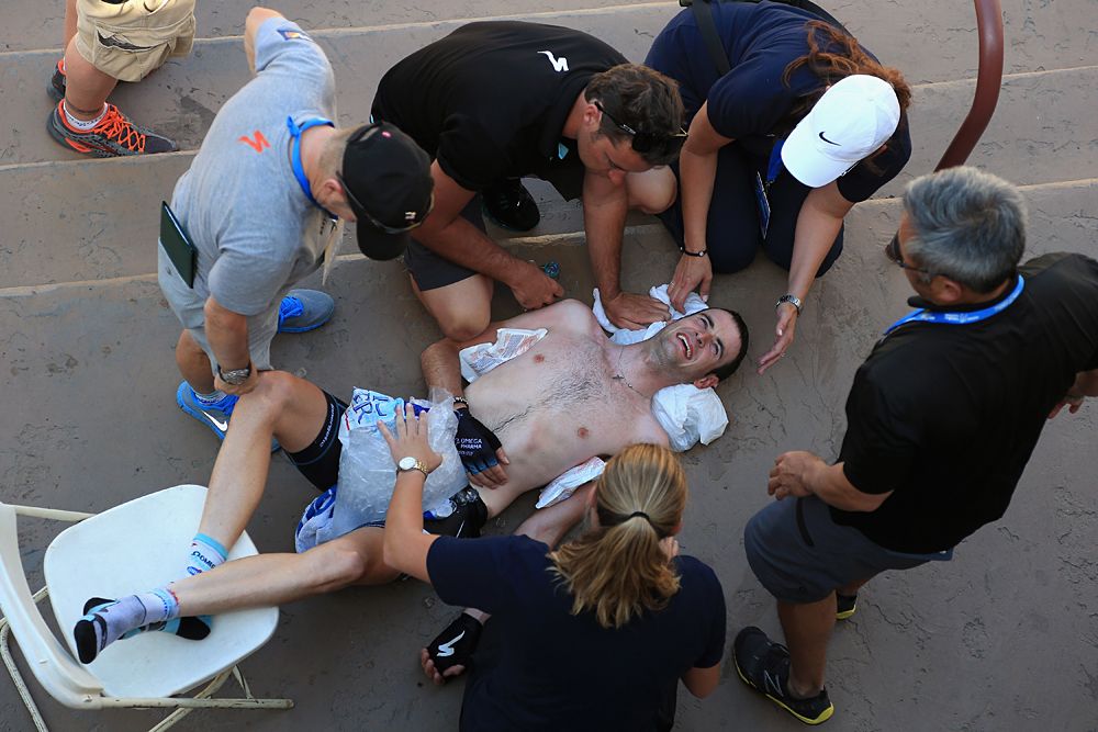 Quickstep's Pieter Serry was packed in ice after overheating on the Palm Springs stage in 2013