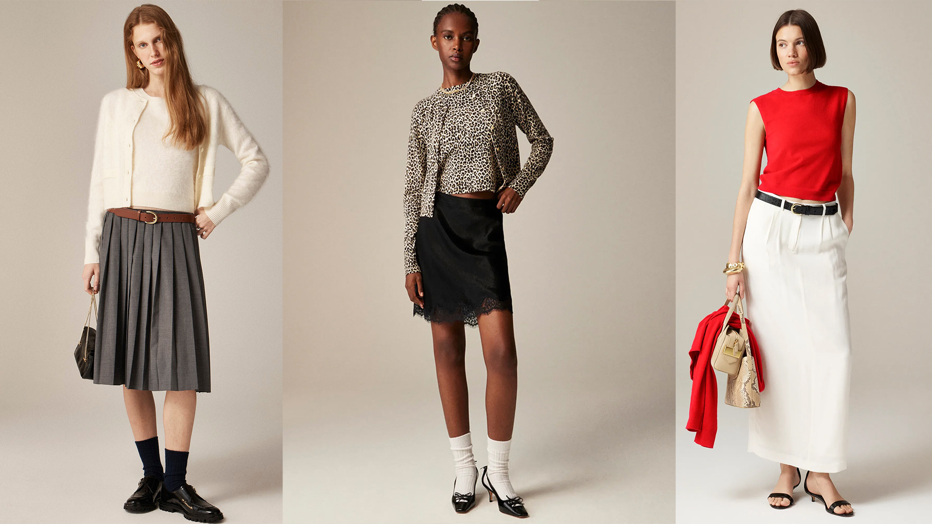 models wear j.crew cashmere. first model wears white cashmere sweater and pleated skirt, second wore leopard print cashmere sweater and black skirt, and last one wore a red shell and white column skirt