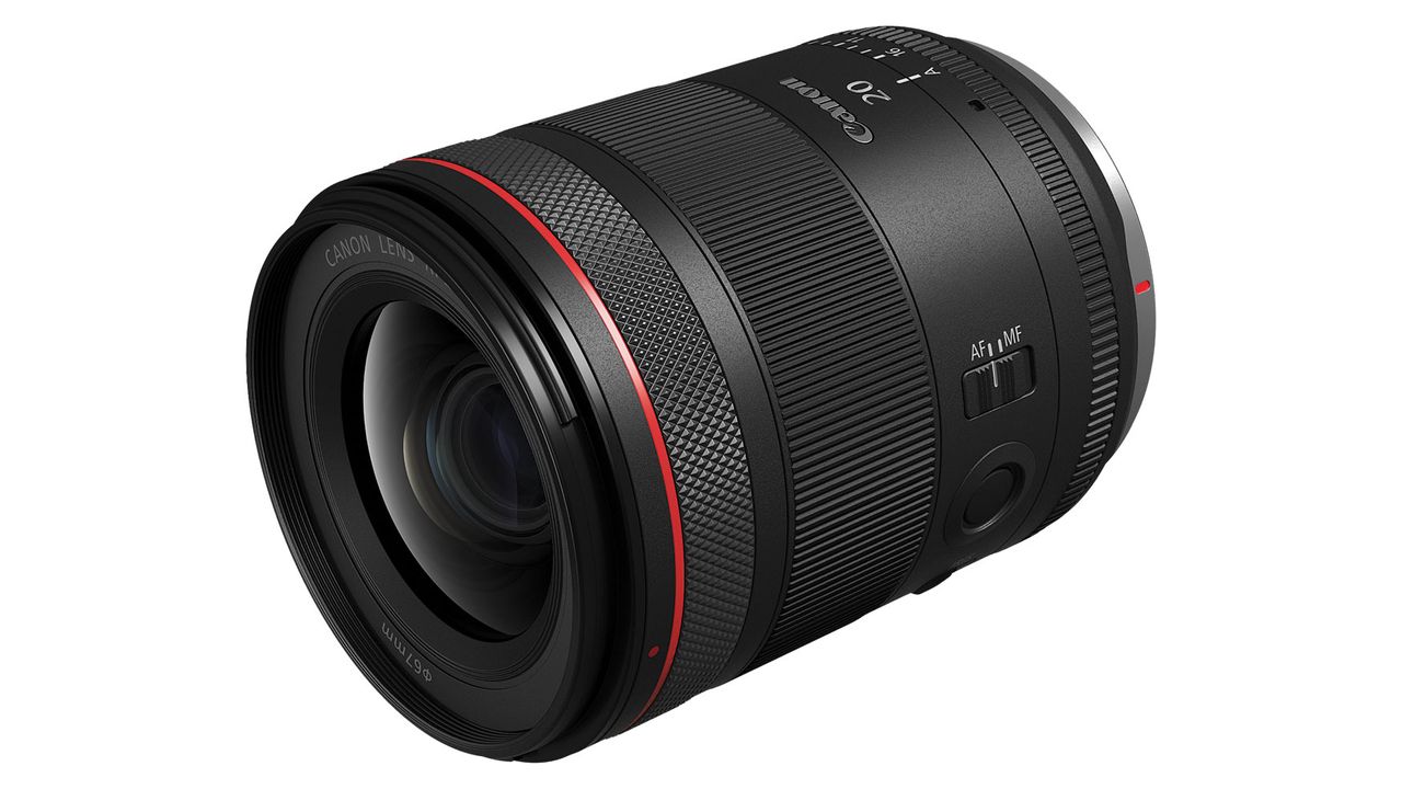The Canon RF 20mm f/1.4 L VCM on a white background