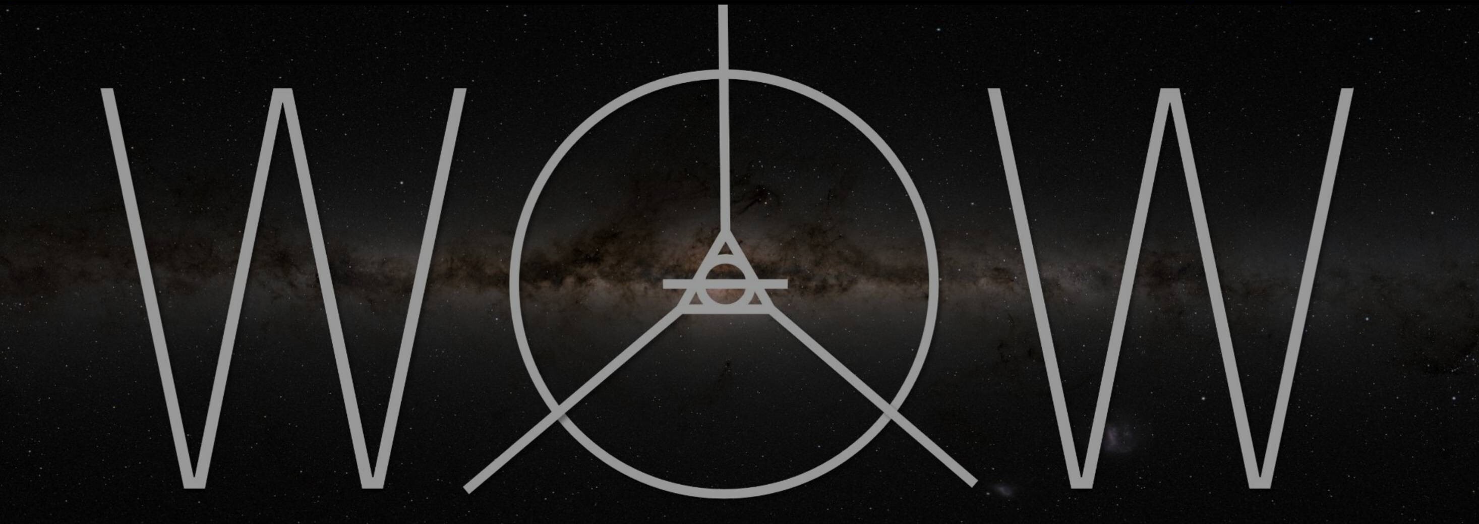 The word Wow in gray letters with a triangular shape in the middle, all over a starry night background
