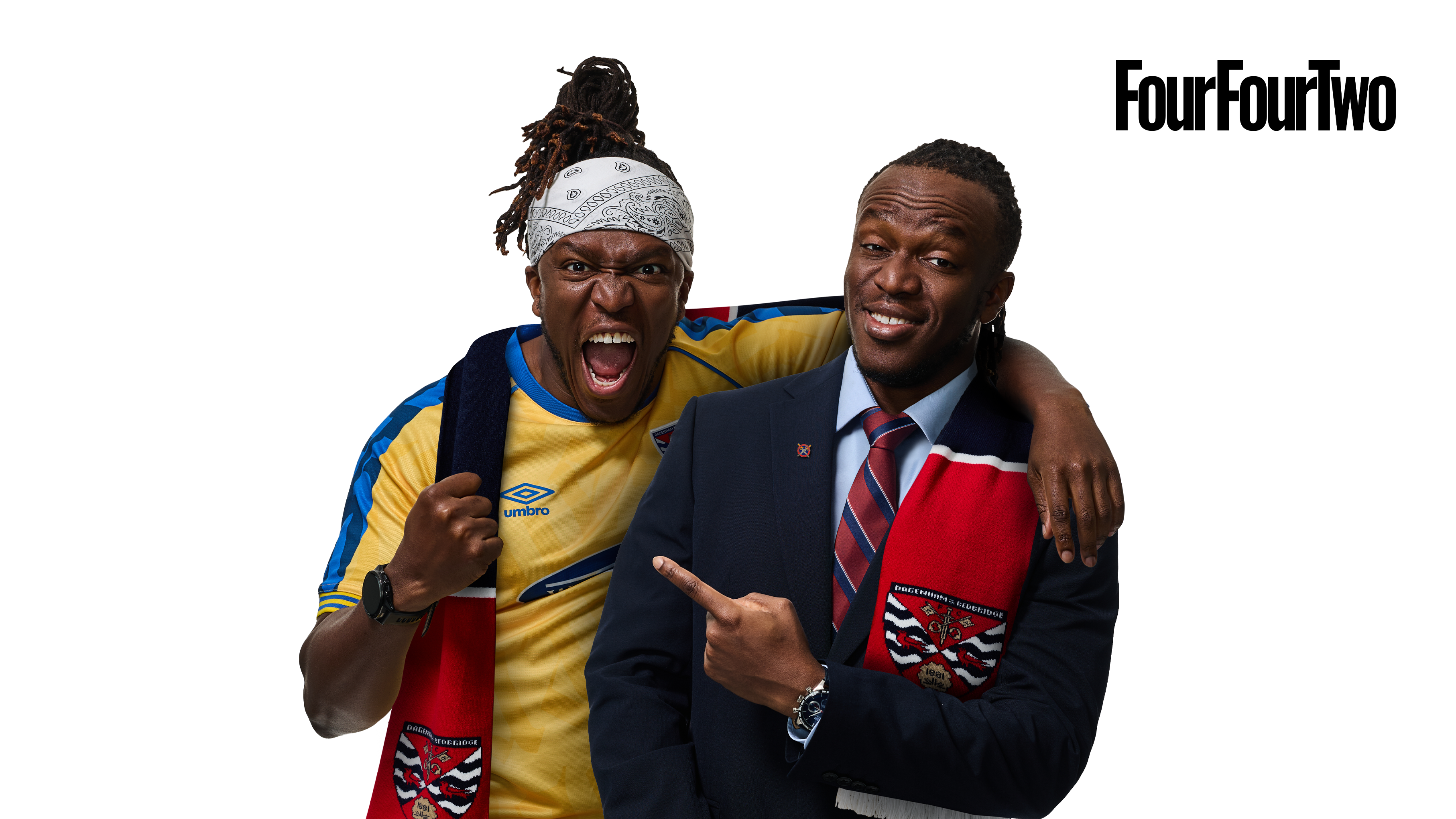 KSI takes part in a photoshoot at Dagenham &amp; Redbridge for the front cover of FourFourTwo magazine's July 2026 cover 393