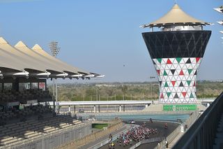 The Abu Dhabi peloton in action at the Yas Marina Formula One track.