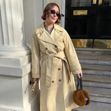 @sophie_robyn wearing a yellow leather trench coat and fluffy handbag from the Rejina Pyo X John Lewis collaboration. 