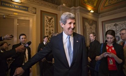 Kerry emerges after a unanimous vote by the Senate Foreign Relations Committee approving him to become the next secretary of state.