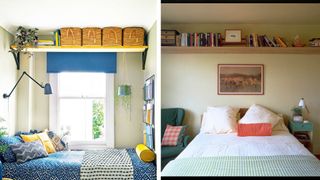 two bedrooms showing how to organize a small bedroom with shleves above windows and beds to utilize unused wall space