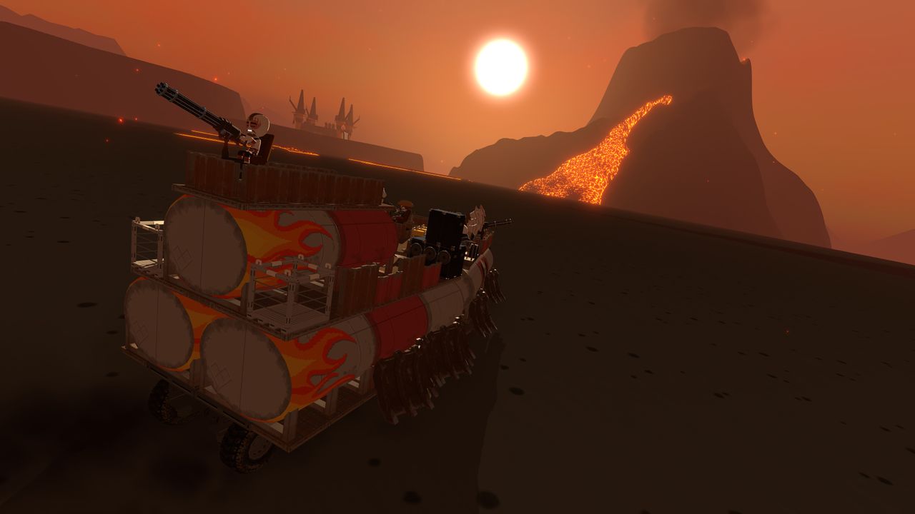 vehicle driving away from active volcano